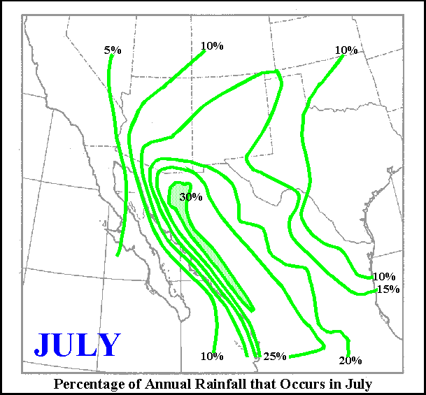 Percentage of rainfall that occurs in July across Northern Mexico and SW United States
