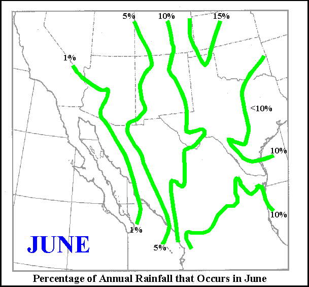 Percentage of rainfall that occurs in June across Northern Mexico and SW United States